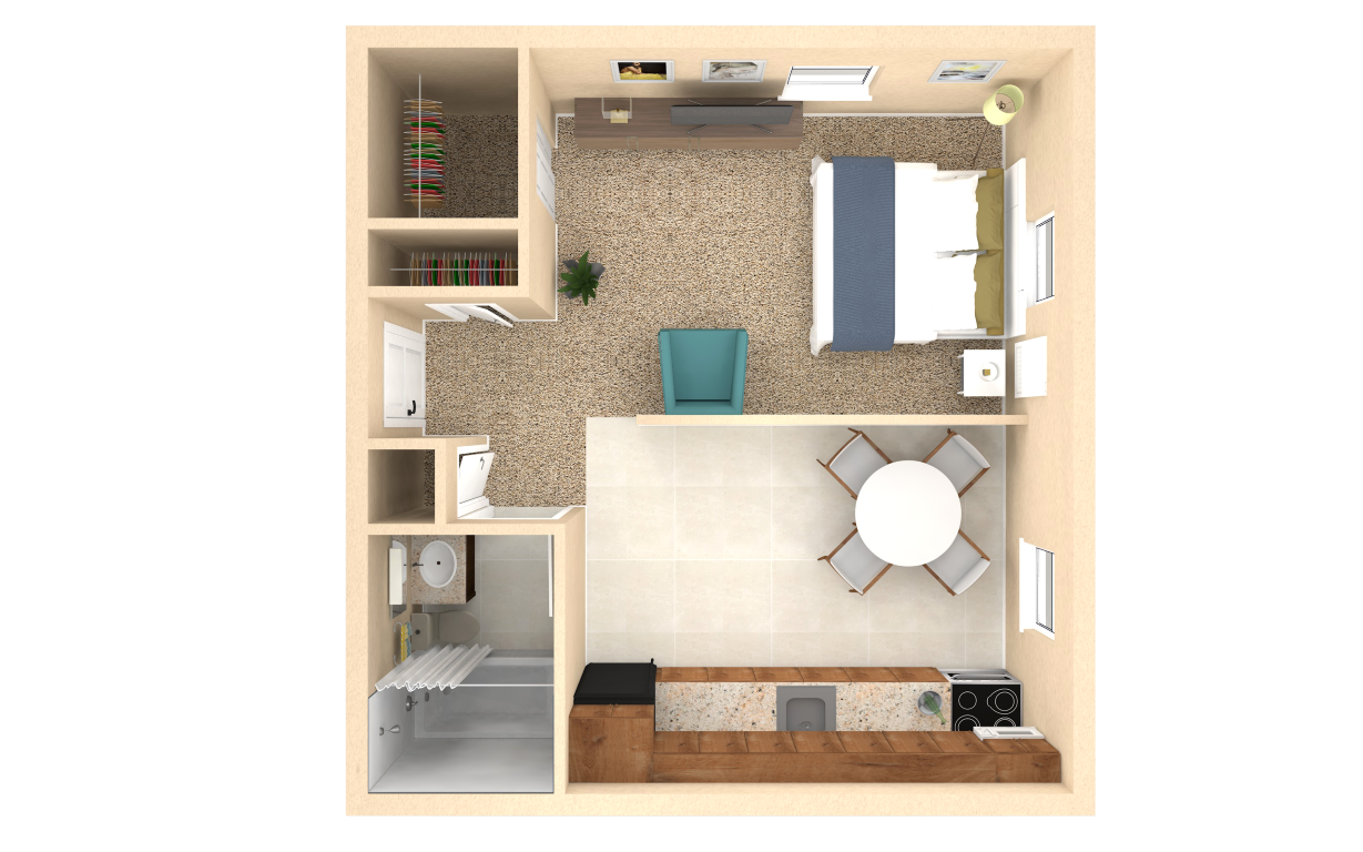 Floor plan for studio, 1 bath, 381 sqft